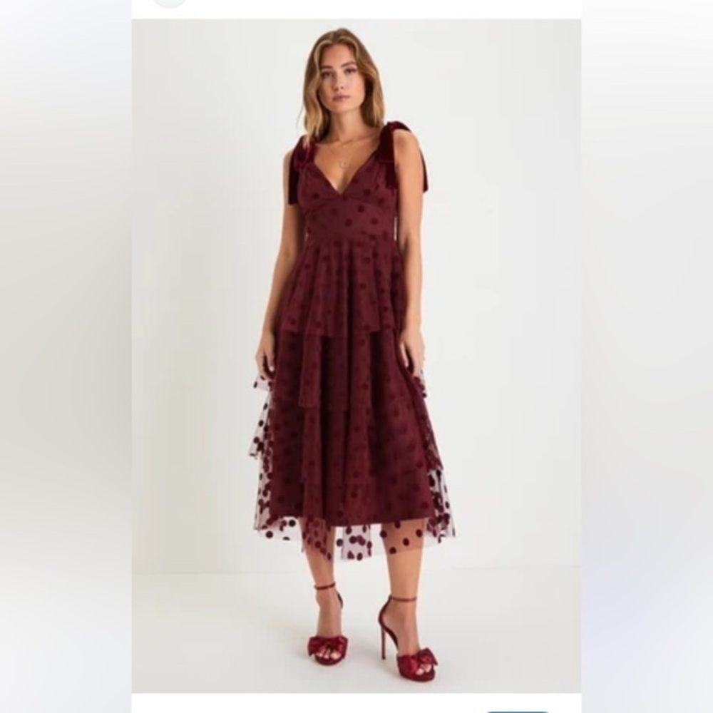 Lulus  Burgundy Polka Dot Tiered Midi Dress Size M